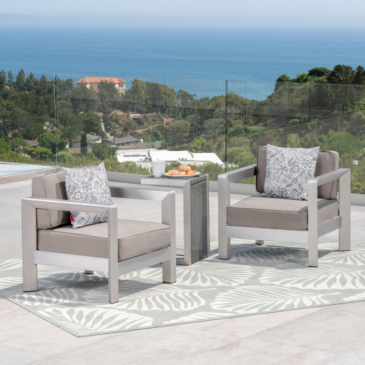 Emily 3-piece Outdoor Aluminum Club Chairs With Side Table - Khaki, Wicker Table