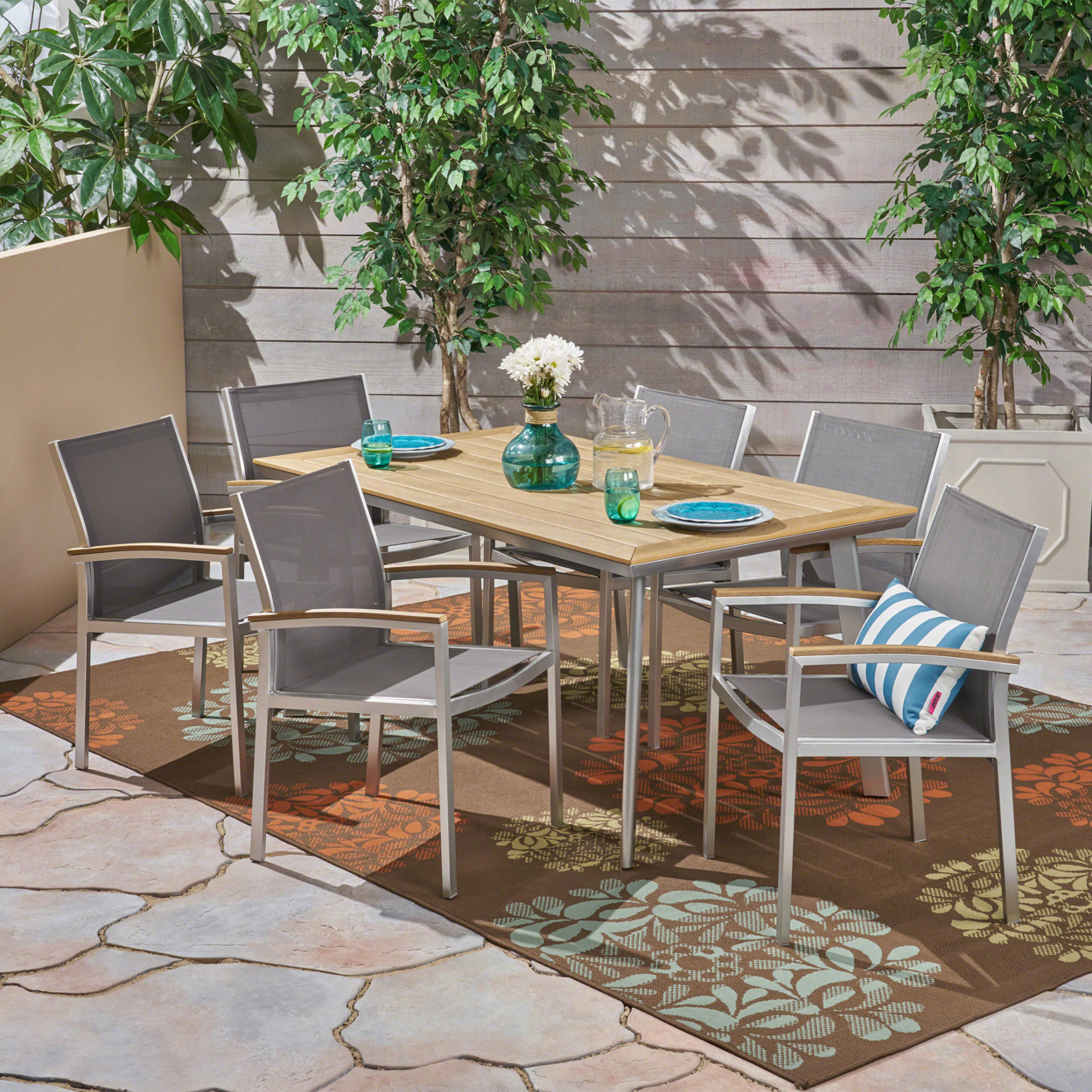 Erma Outdoor Aluminum 7-Piece Dining Set With Mesh Chairs And Faux Wood Top - Gray, Wicker