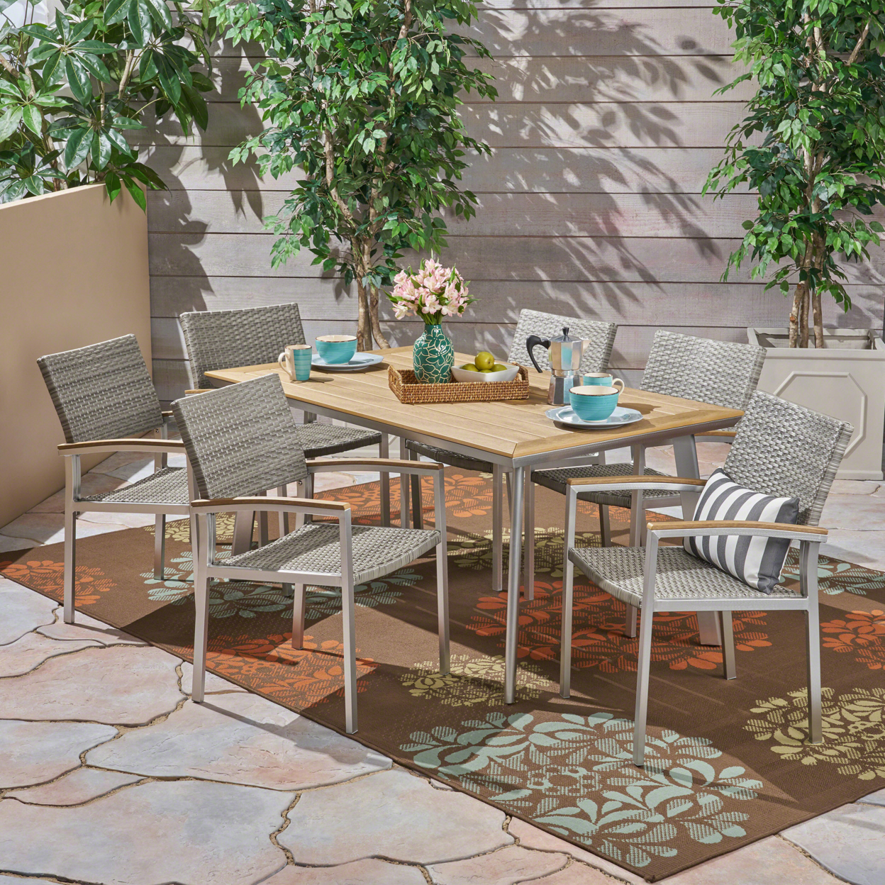 Erma Outdoor Aluminum 7-Piece Dining Set With Mesh Chairs And Faux Wood Top - Gray, Wicker