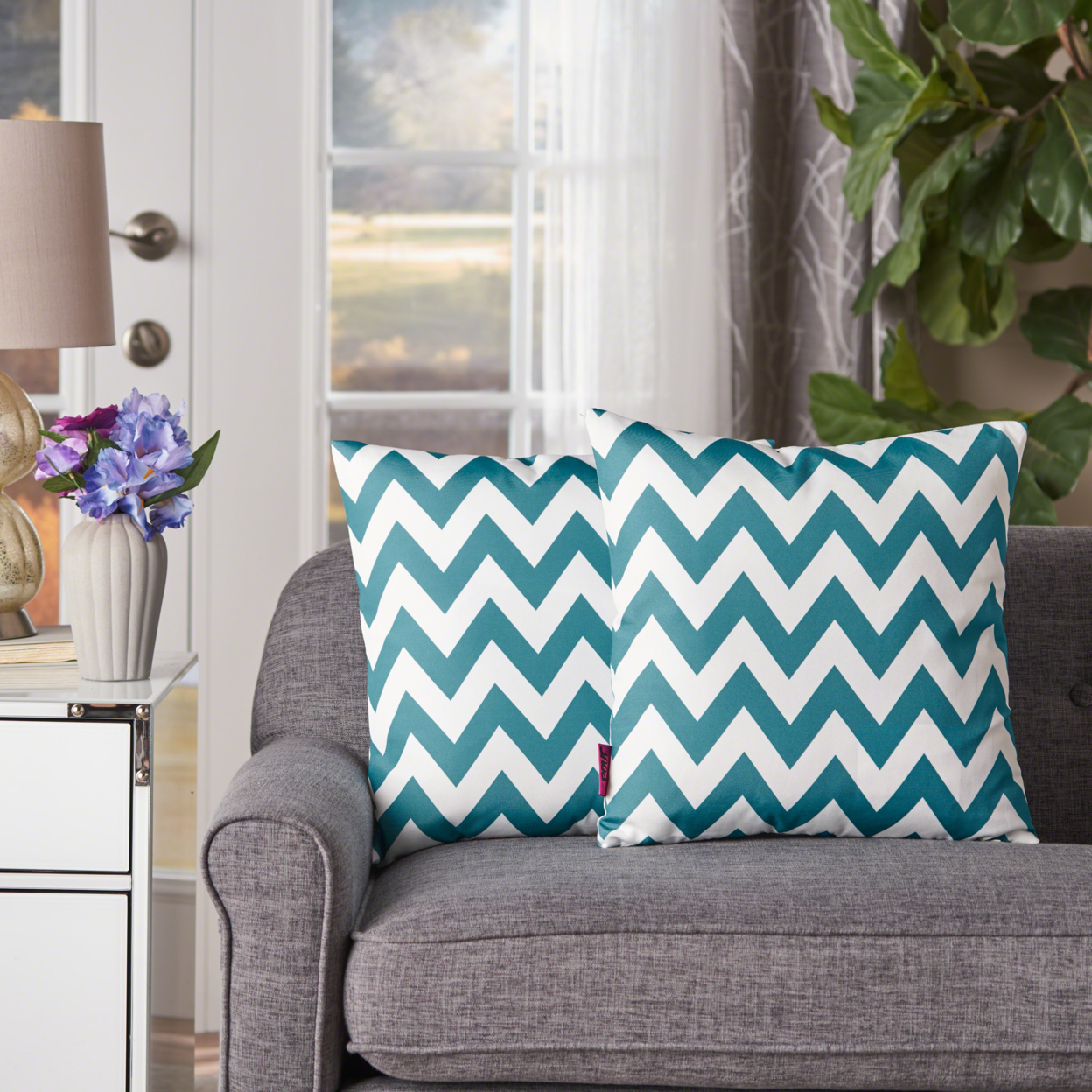 Ernest Indoor Zig Zag Striped Water Resistant Square Throw Pillows (Set Of 2) - Dark Teal/White