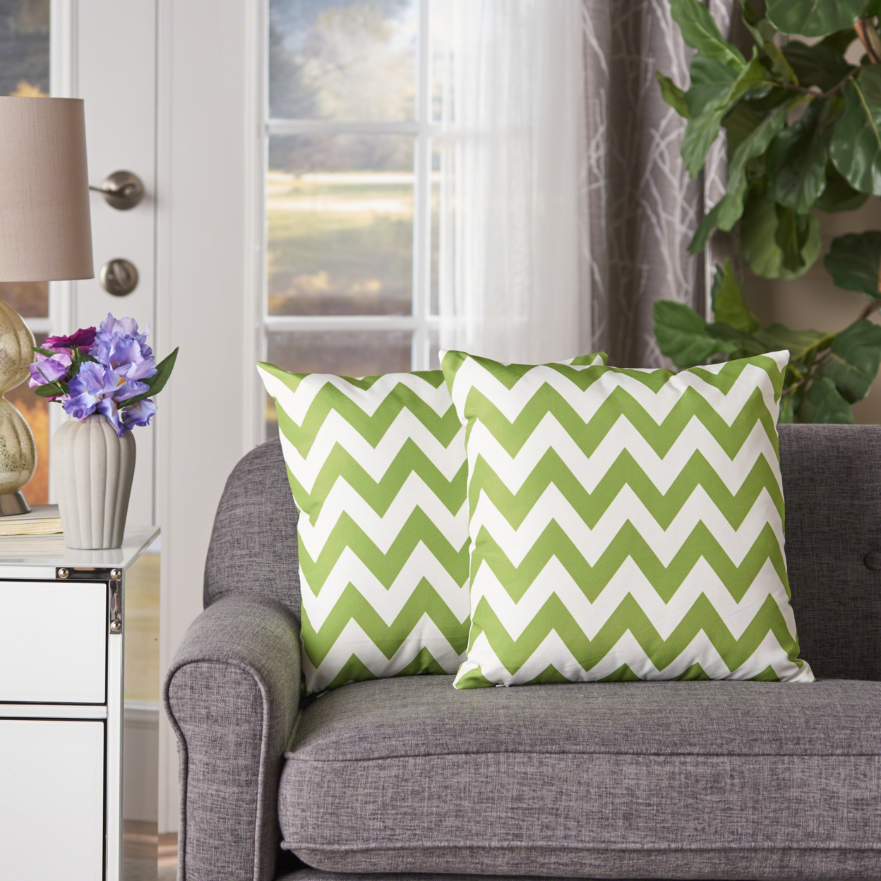 Ernest Indoor Zig Zag Striped Water Resistant Square Throw Pillows (Set Of 2) - Green/White