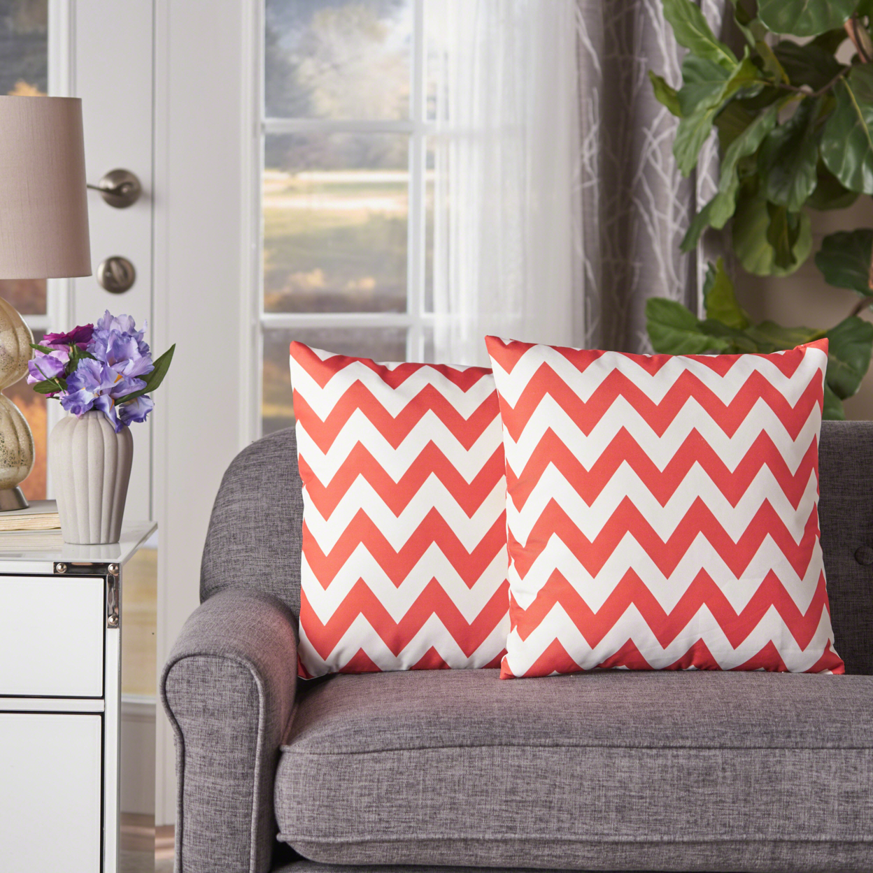 Ernest Indoor Zig Zag Striped Water Resistant Square Throw Pillows (Set Of 2) - Orange/White