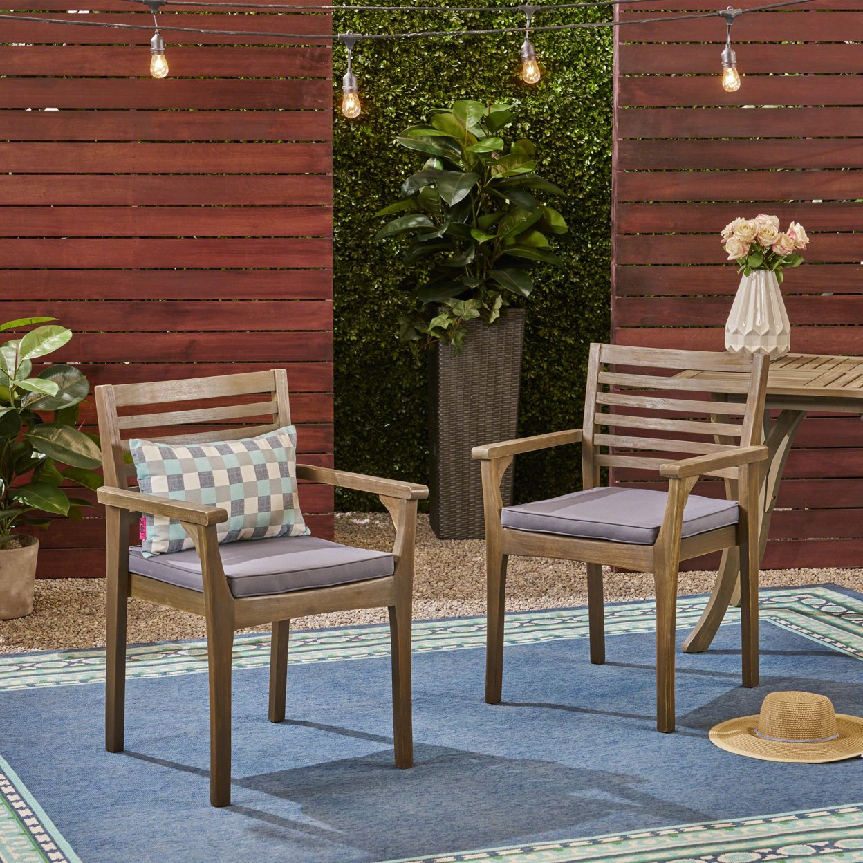 Esther Patio Dining Chairs, Acacia Wood And Outdoor Cushions - Teak / Dark Gray