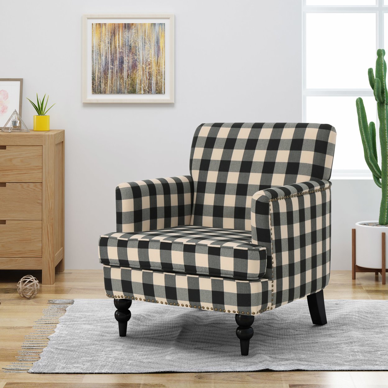 Eve Tufted Fabric Club Chair - Brown Checkerboard