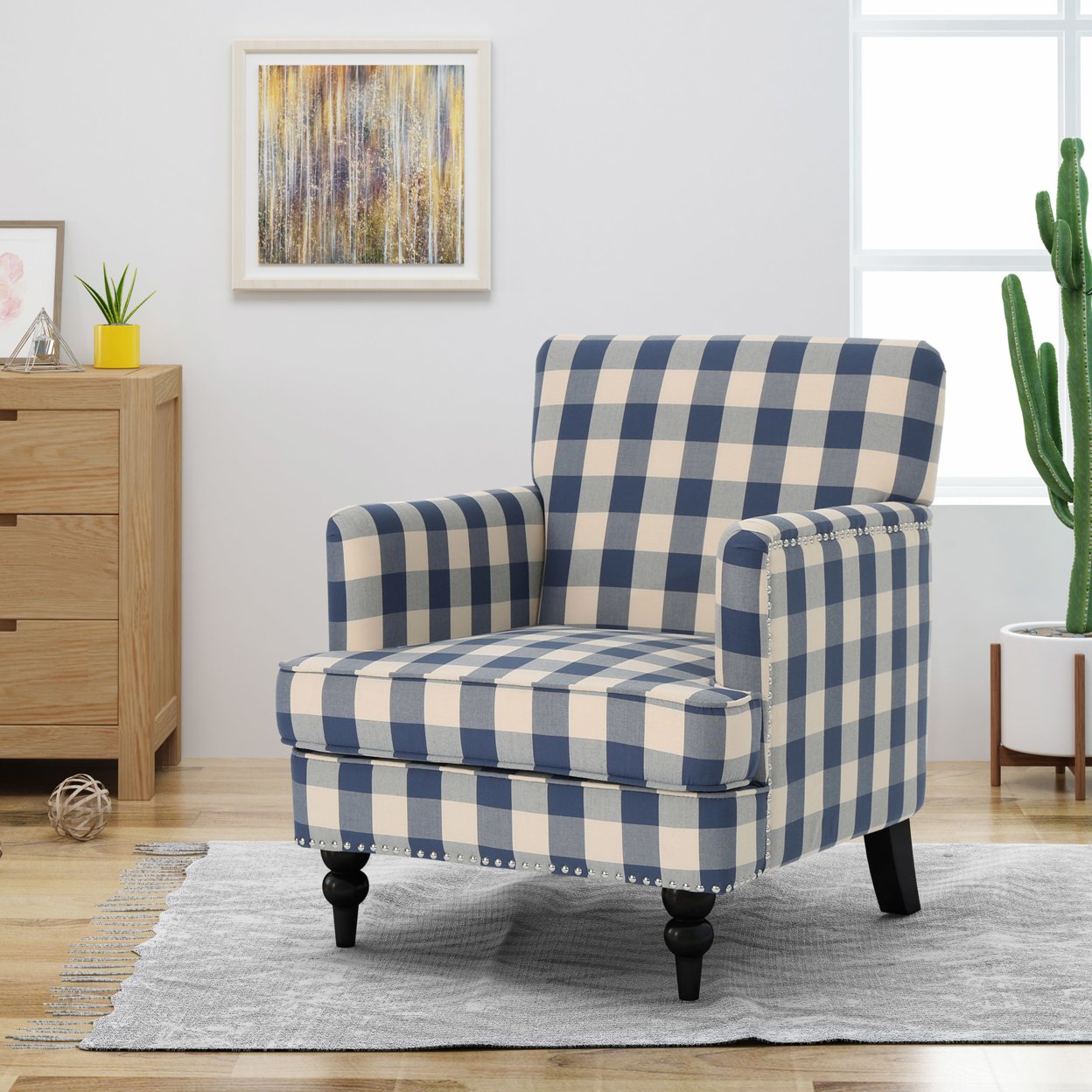 Eve Tufted Fabric Club Chair - Blue Checkerboard
