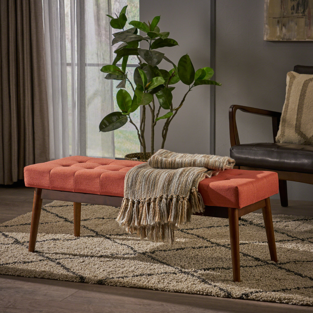 Flora Mid Century Tufted Fabric Ottoman - Coral