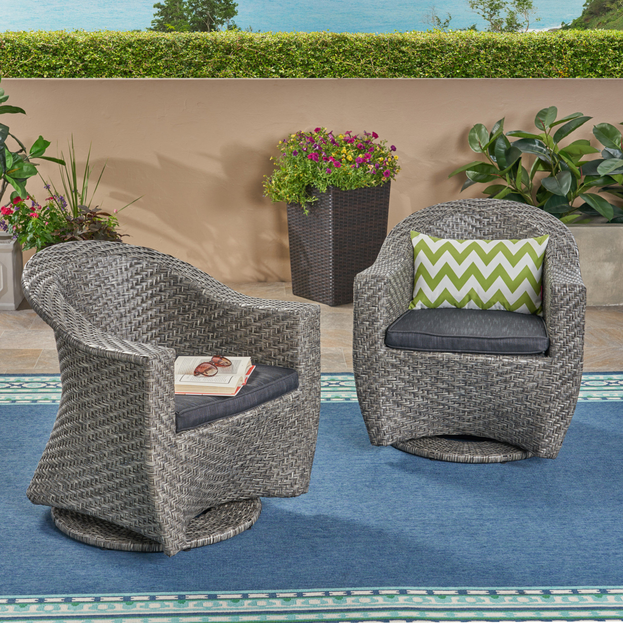 Larchmont Patio Swivel Chairs, Wicker With Outdoor Cushions, Mixed Black And Dark Gray - Default, Set Of 4