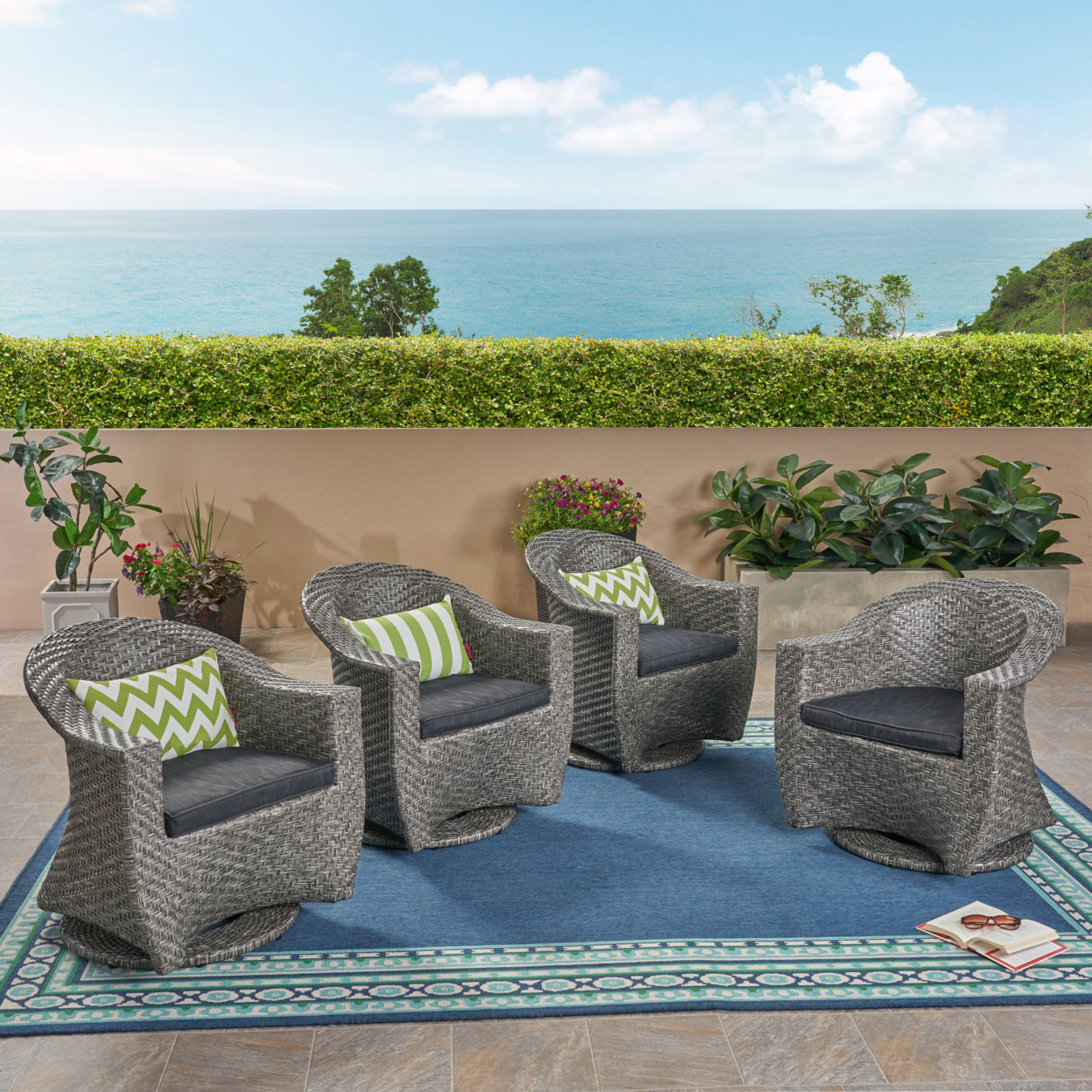Larchmont Patio Swivel Chairs, Wicker With Outdoor Cushions, Mixed Black And Dark Gray - Default, Set Of 4
