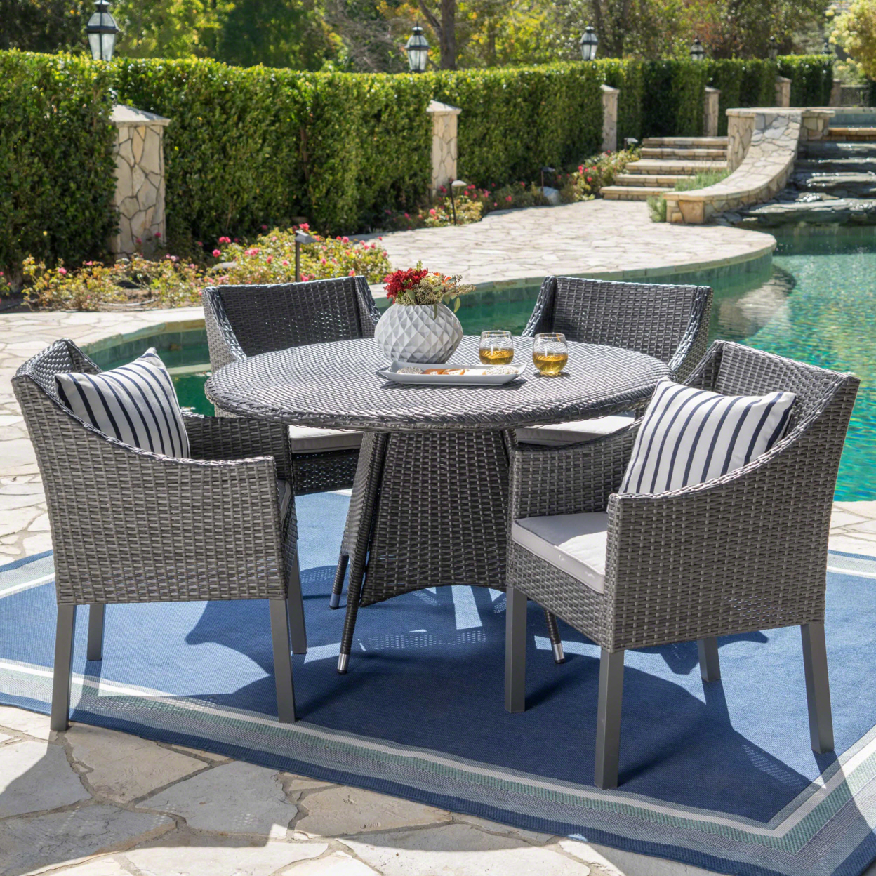 Frances Outdoor 5 Piece Wicker Dining Set With Water Resistant Cushions - Gray/Silver