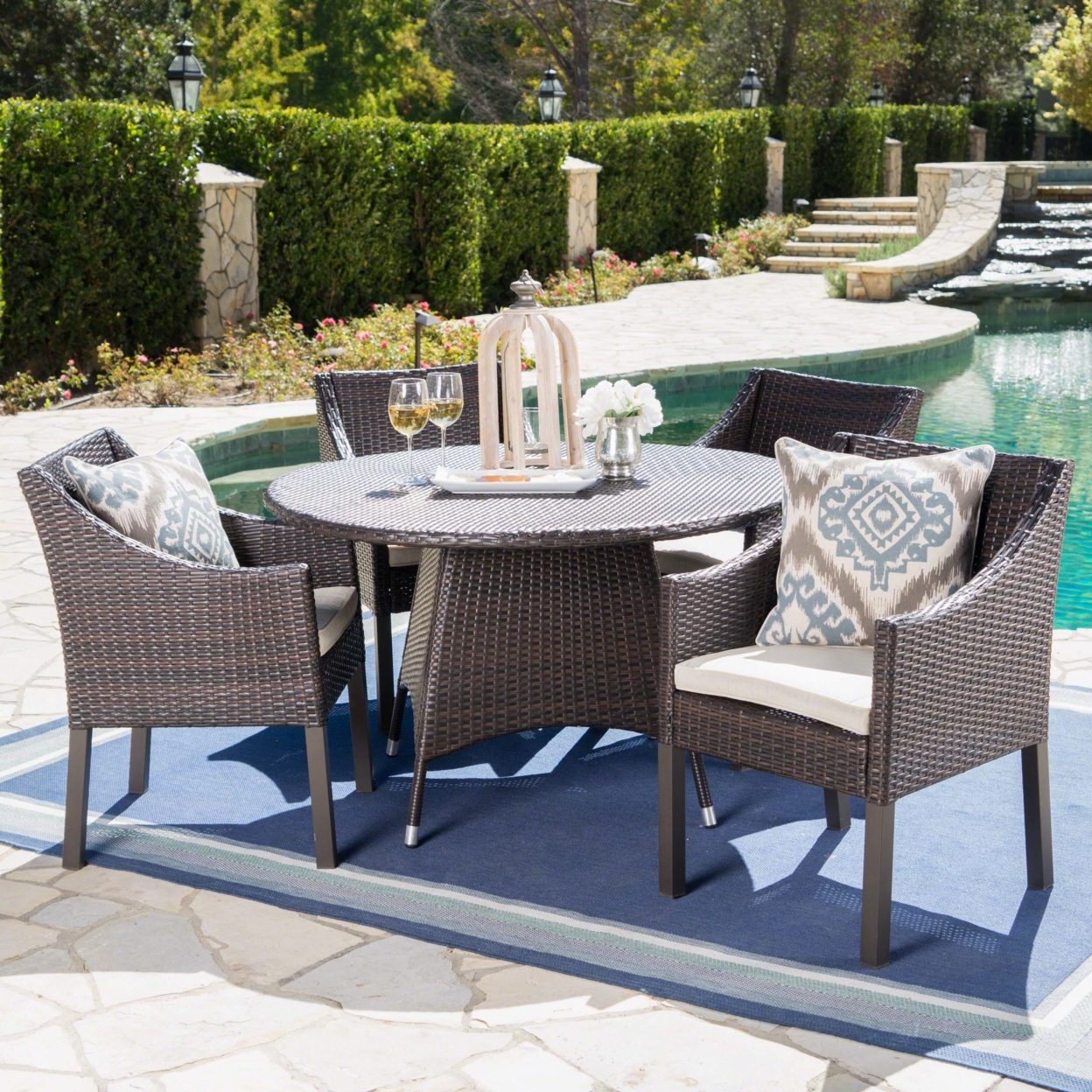 Frances Outdoor 5 Piece Wicker Dining Set With Water Resistant Cushions - Gray/Silver