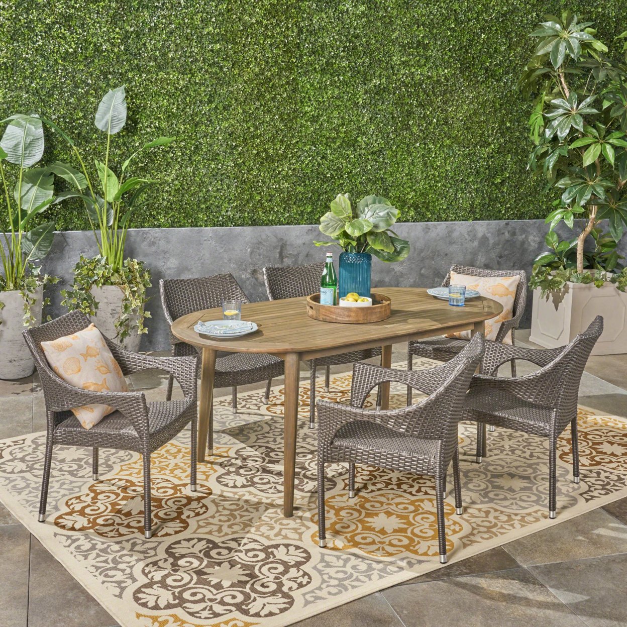 Fox Outdoor 7 Piece Acacia Wood Dining Set With Stacking Wicker Chairs - Teak Finish + Brown