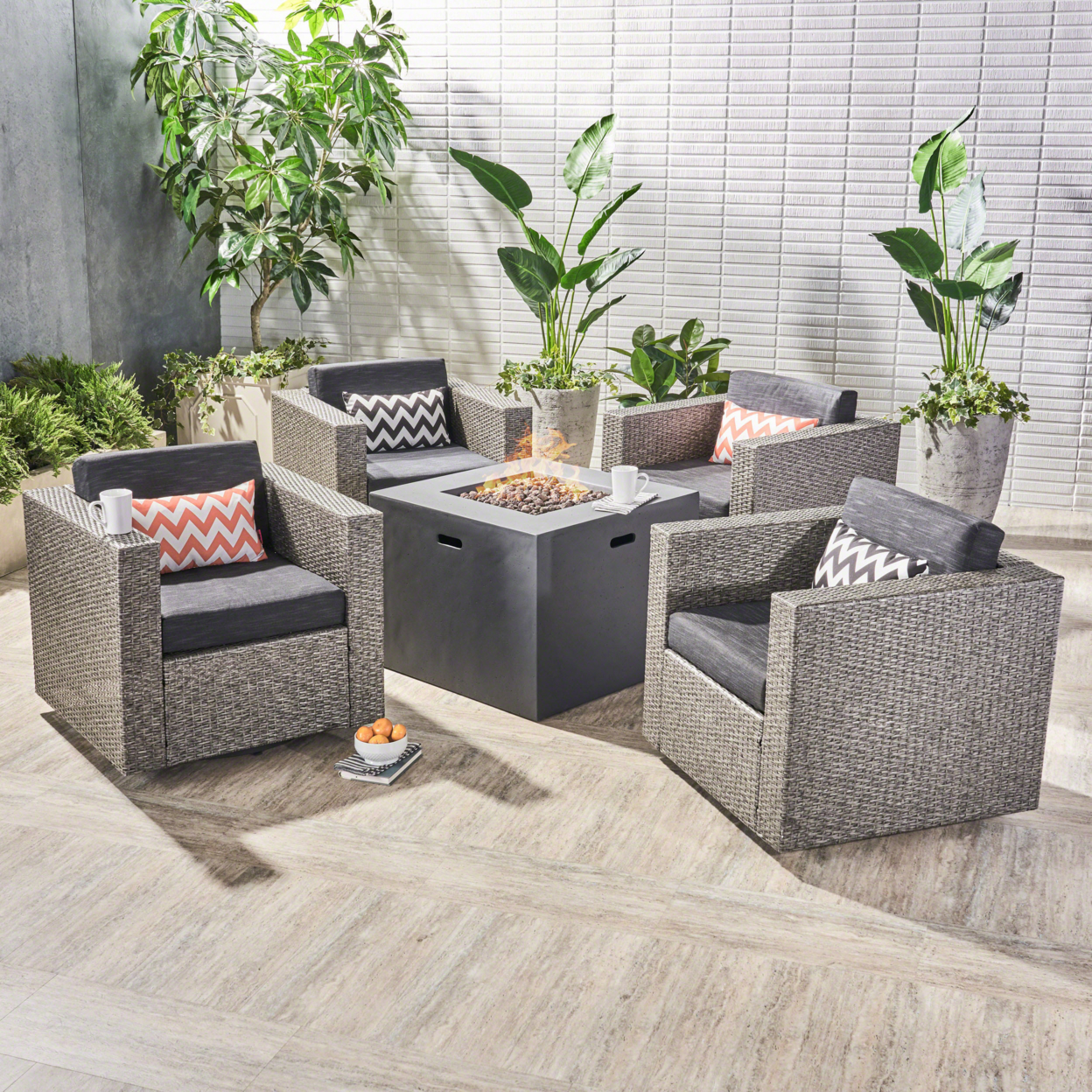 Fuller Outdoor 4 Piece Club Chair Set With Square Fire Pit - Mixed Black + Dark Gray