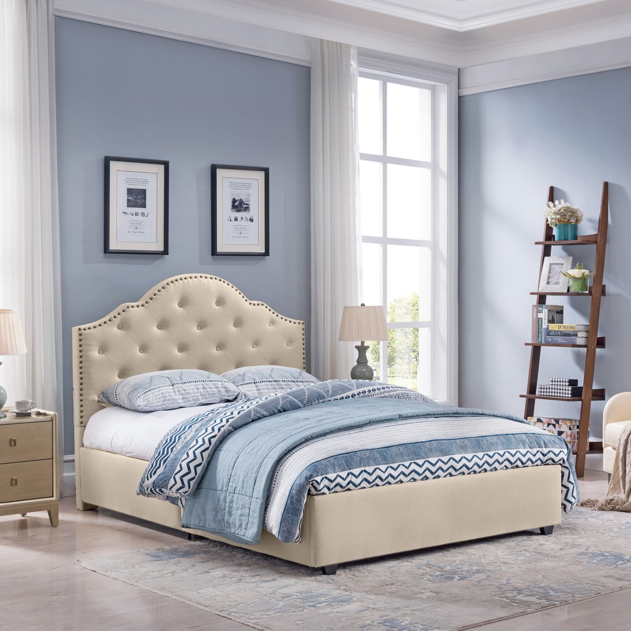 Gentry Contemporary Button-Tufted Upholstered Queen Bed Frame With Nailhead Accents - Navy