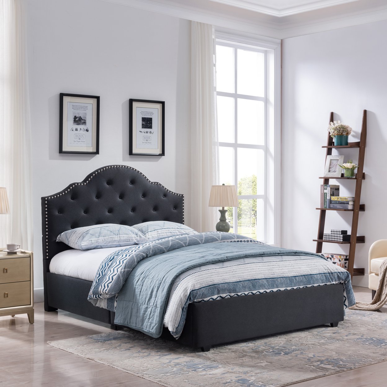 Gentry Contemporary Button-Tufted Upholstered Queen Bed Frame With Nailhead Accents - Black