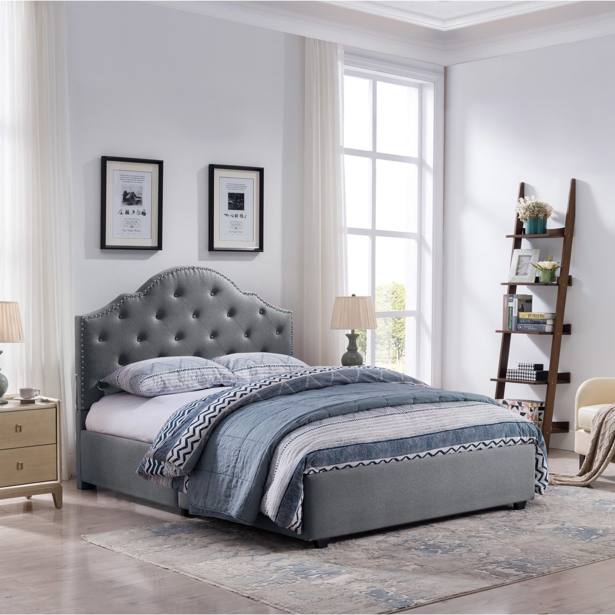 Gentry Contemporary Button-Tufted Upholstered Queen Bed Frame With Nailhead Accents - Light Gray