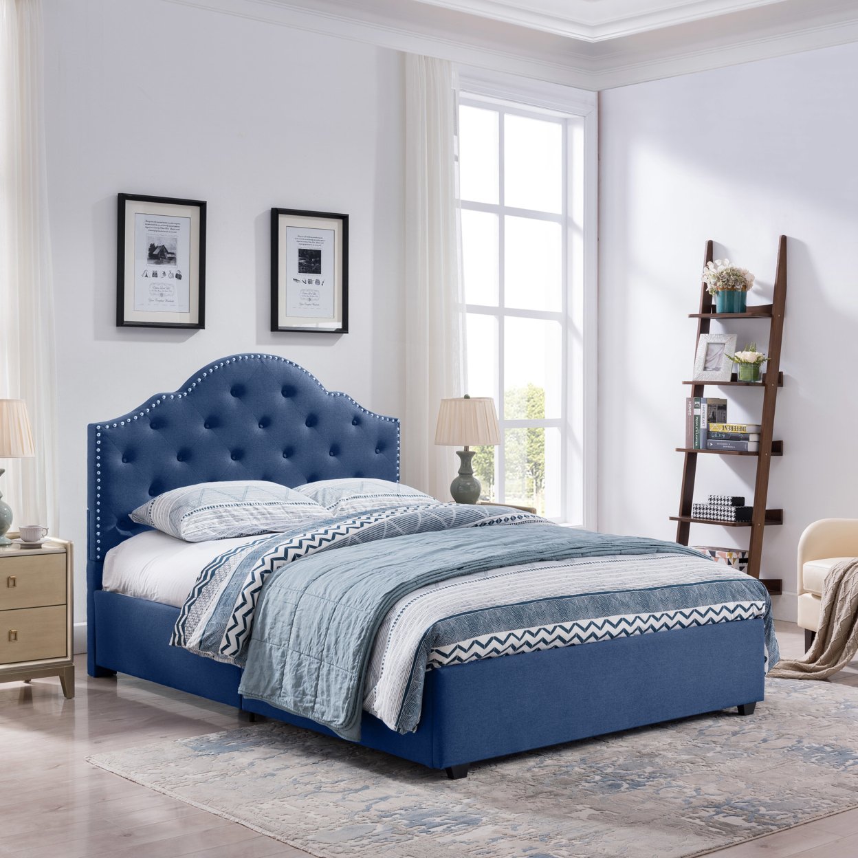 Gentry Contemporary Button-Tufted Upholstered Queen Bed Frame With Nailhead Accents - Navy