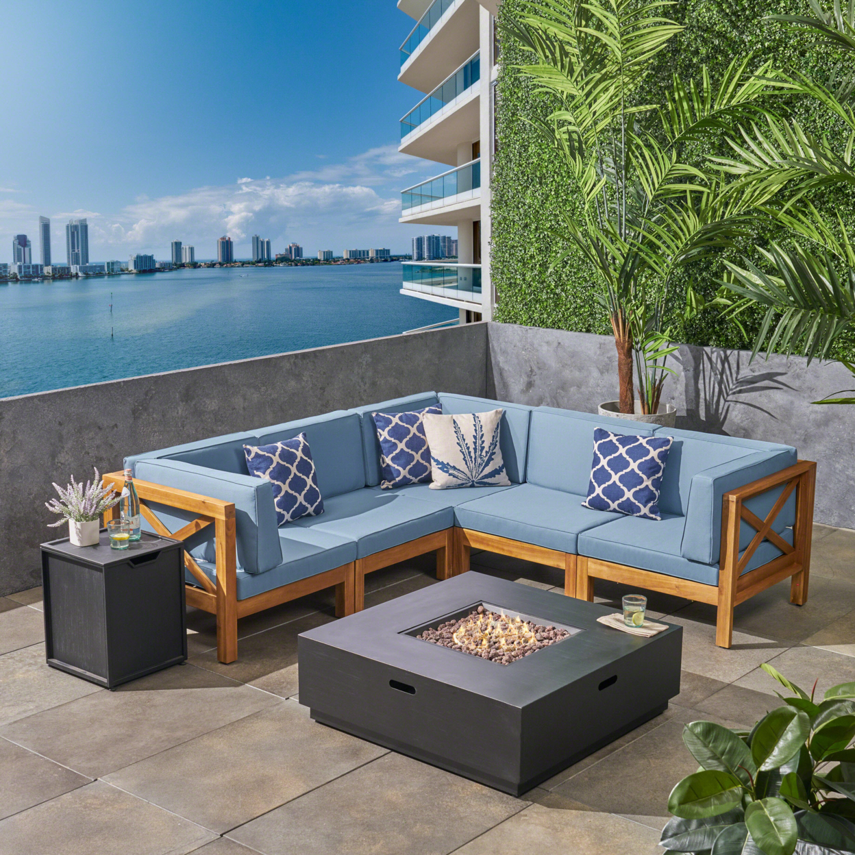 Gina Outdoor Acacia Wood 5 Seater Sectional Sofa Set With Fire Pit - Teak / Blue / Dark Gray