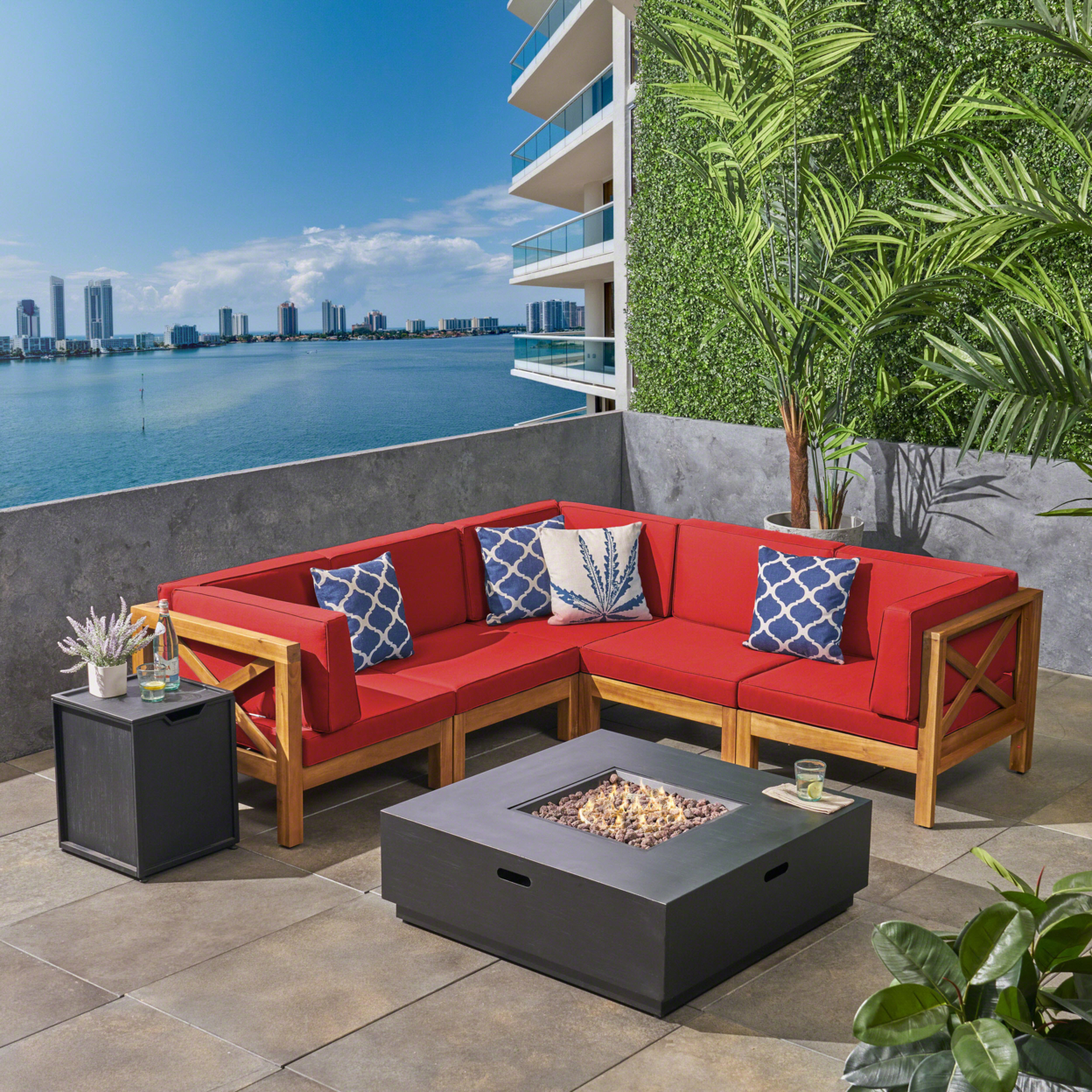 Gina Outdoor Acacia Wood 5 Seater Sectional Sofa Set With Fire Pit - Teak / Red / Dark Gray