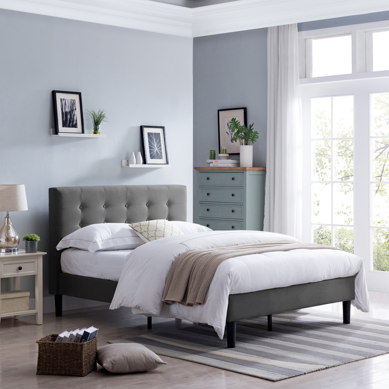 Gloria Fully-Upholstered Queen-Size Platform Bed Frame, Modern, Contemporary, Low-Profile - Charcoal Gray