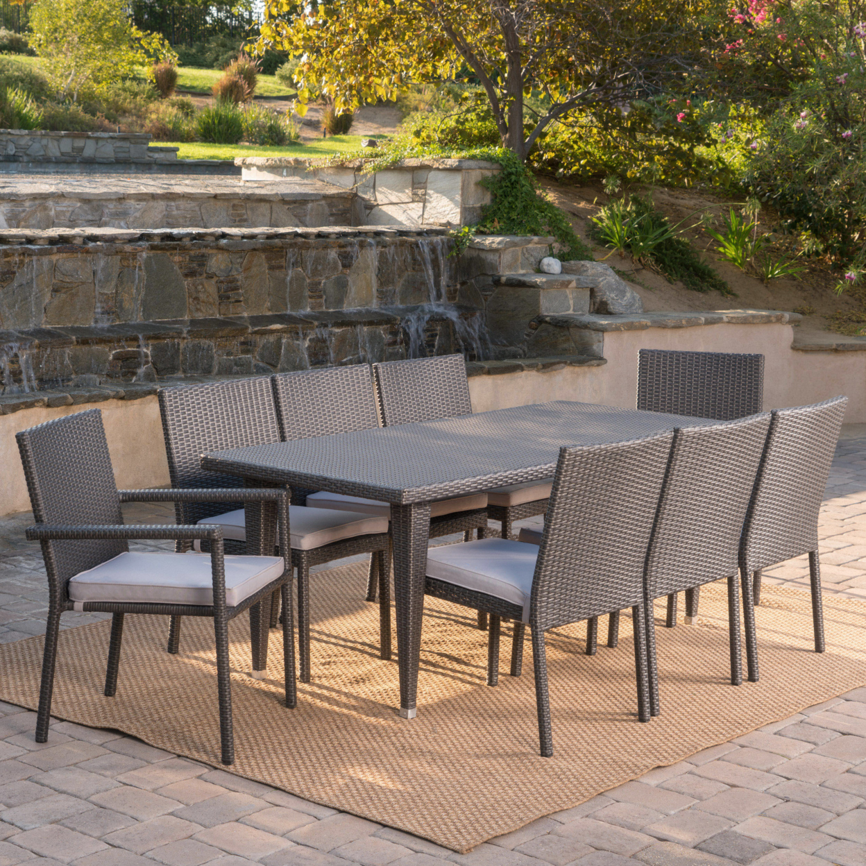 Grand Outdoor 9 Piece Wicker Dining Set With Water Resistant Cushions - Multi-brown/Textured Beige