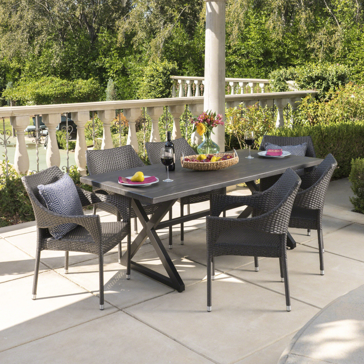 Graywood Outdoor 7 Piece Wicker Dining Set With Rectangular Aluminum Table - Gray/Black