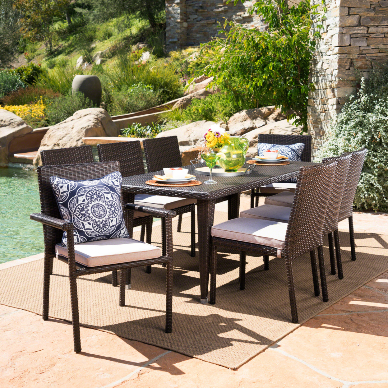 Grand Outdoor 9 Piece Wicker Dining Set With Water Resistant Cushions - Multi-brown/Textured Beige