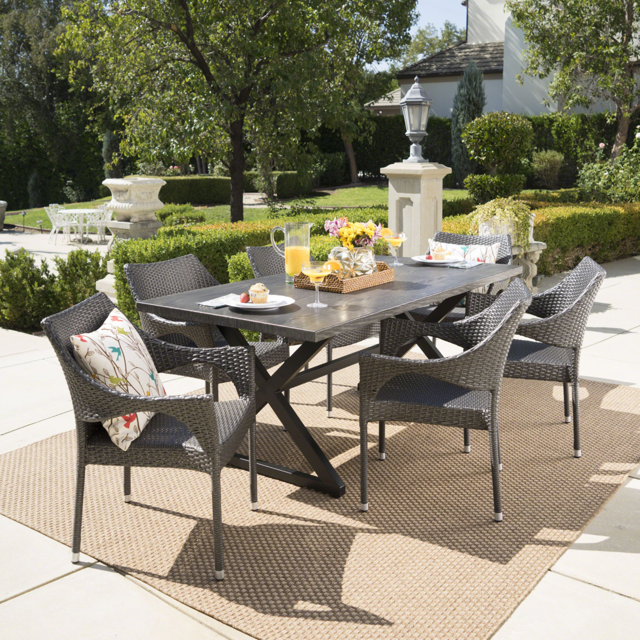 Graywood Outdoor 7 Piece Wicker Dining Set With Rectangular Aluminum Table - Gray/Black