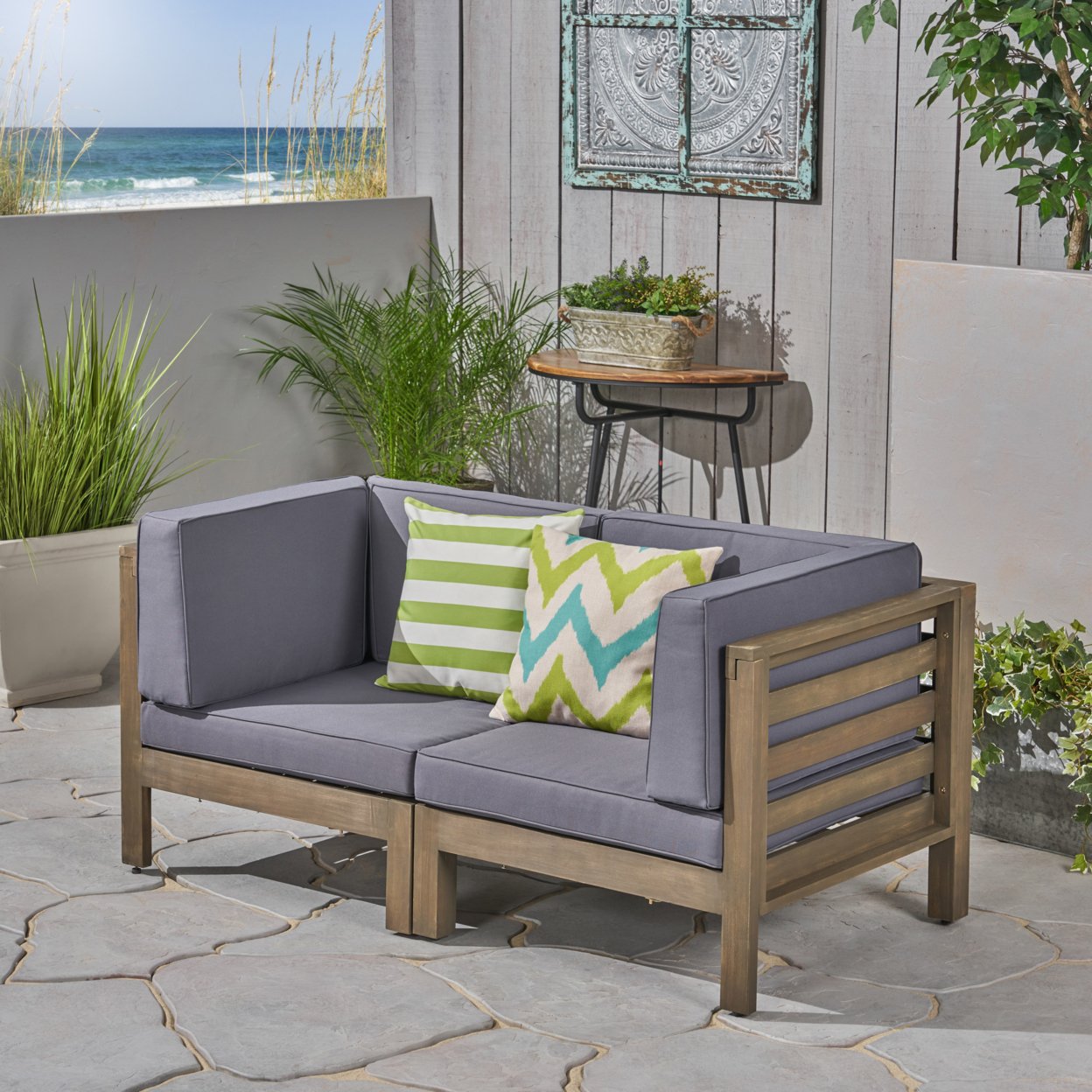 Great Deal Furniture Dawson Outdoor Sectional Loveseat Set - 2-Seater - Acacia Wood - Outdoor Cushions - Teak + Blue
