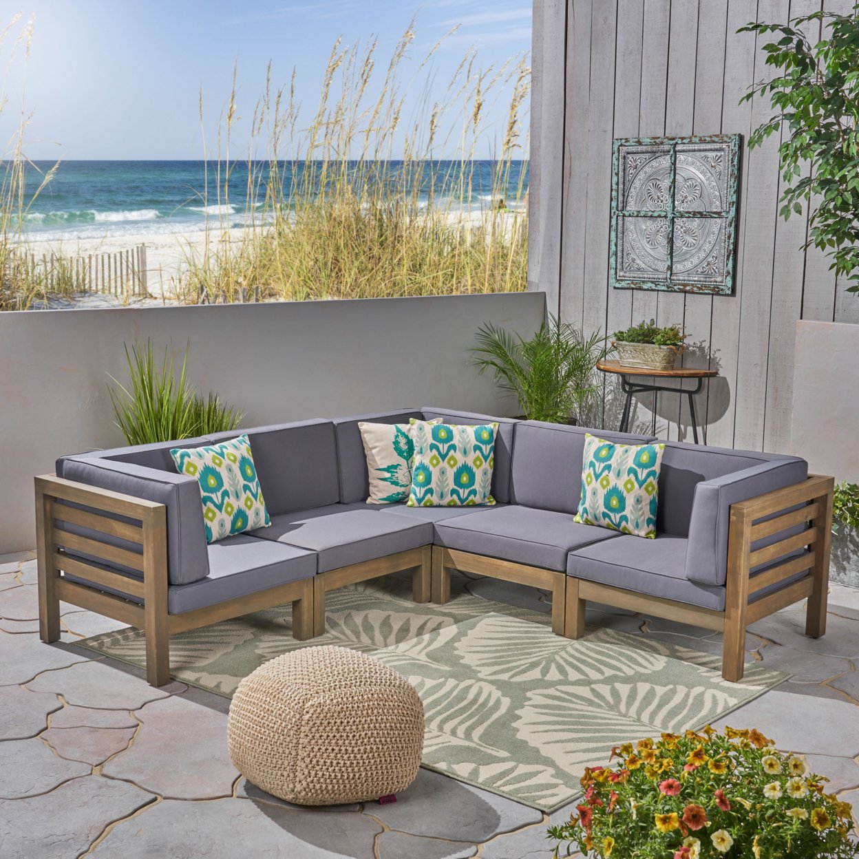 Great Deal Furniture Dawson Outdoor V-Shaped Sectional Sofa Set - 5-Seater - Acacia Wood - Outdoor Cushions - Dark Gray