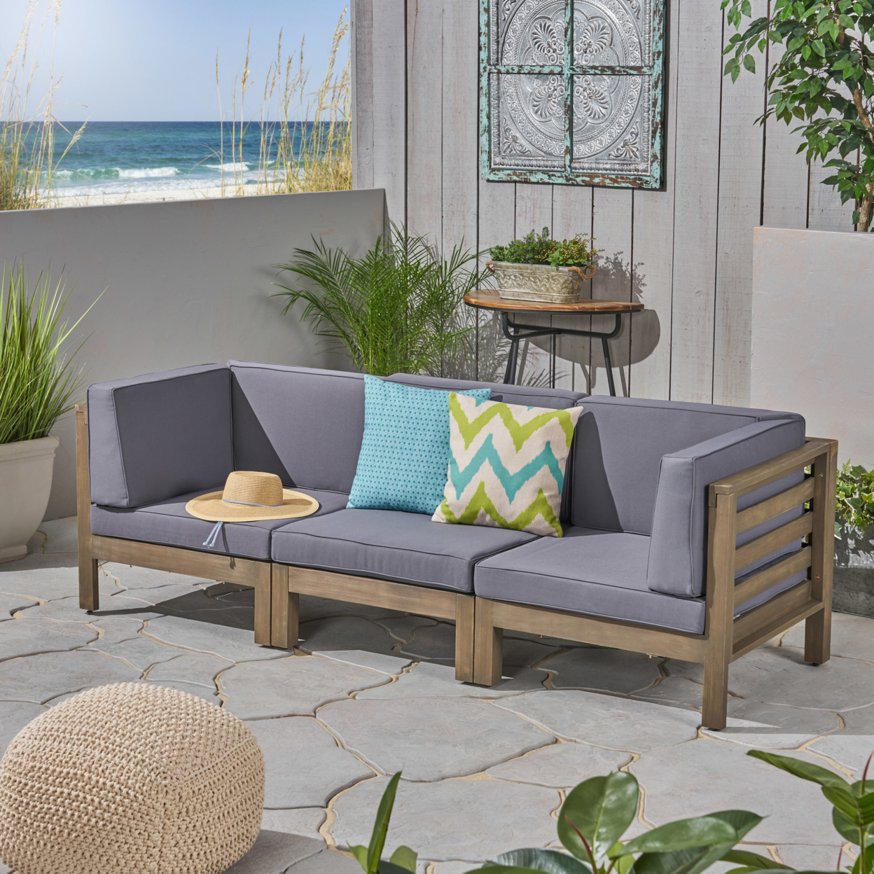 Great Deal Furniture Dawson Outdoor Sectional Sofa Set - 3-Seater - Acacia Wood - Outdoor Cushions - Dark Gray
