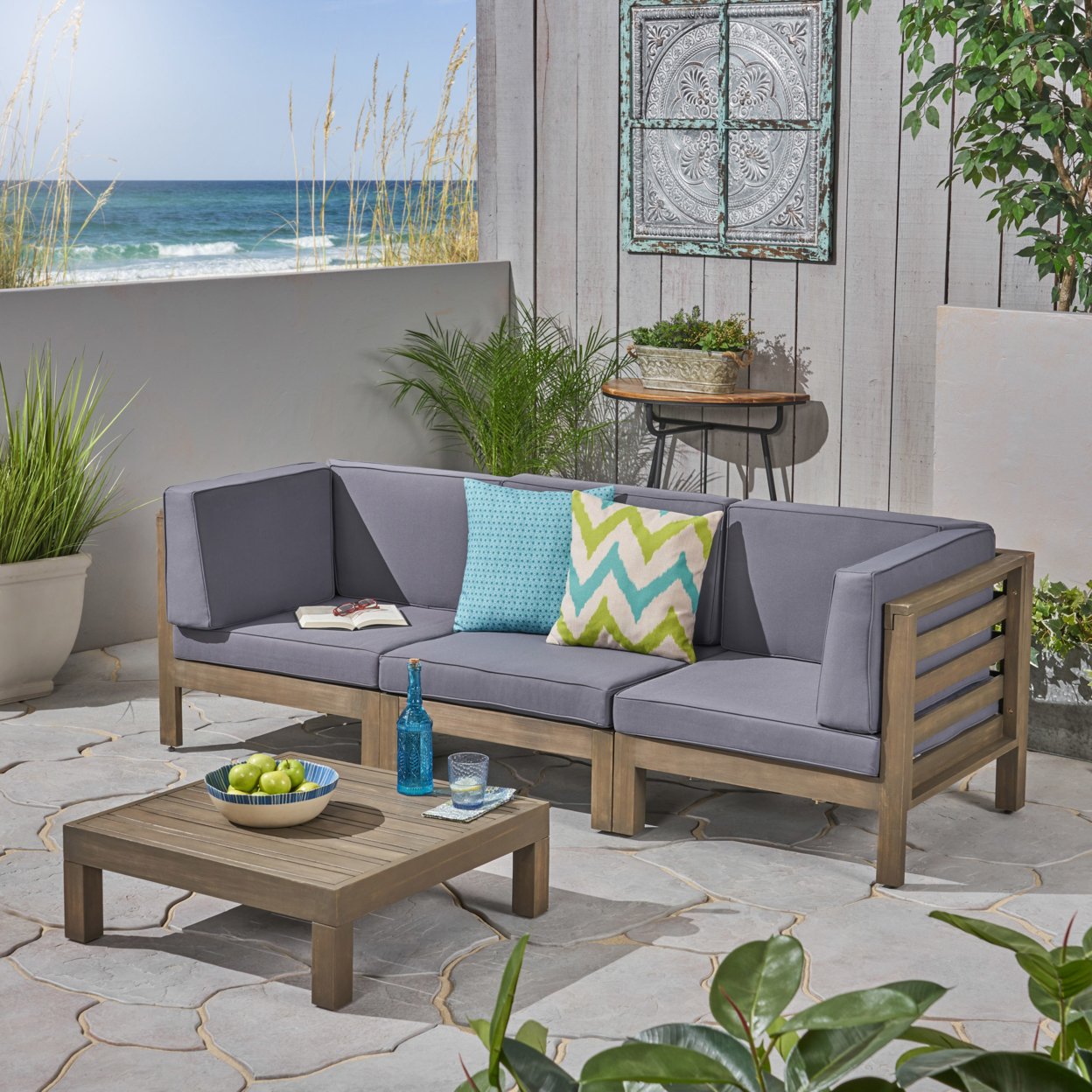 Great Deal Furniture Dawson Outdoor Sectional Sofa Set With Coffee Table - 4-Piece 3-Seater - Acacia Wood - Outdoor Cushions - Dark Gray