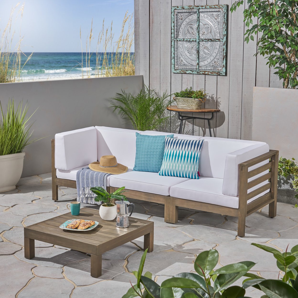 Great Deal Furniture Dawson Outdoor Sectional Sofa Set With Coffee Table - 4-Piece 3-Seater - Acacia Wood - Outdoor Cushions - Dark Gray