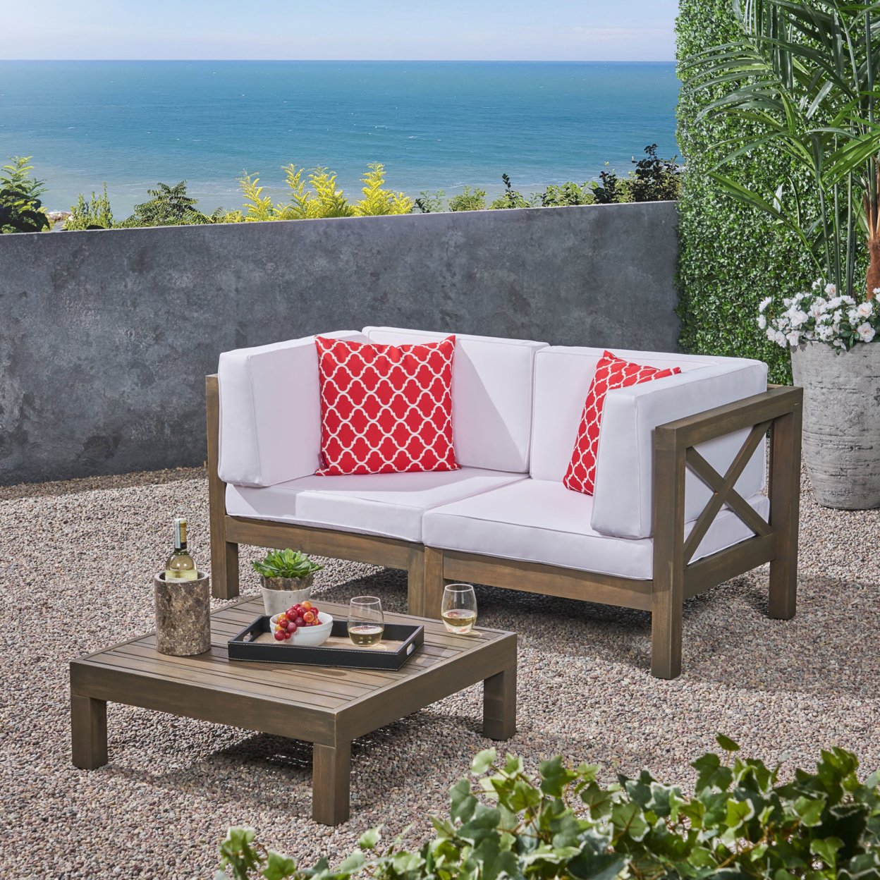 Great Deal Furniture Keith Outdoor Sectional Loveseat Set With Coffee Table 2-Seater Acacia Wood Water-Resistant Cushions - White