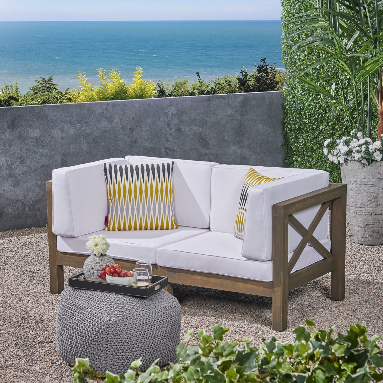 Great Deal Furniture Keith Outdoor Sectional Loveseat Set 2-Seater Acacia Wood Water-Resistant Cushions - White