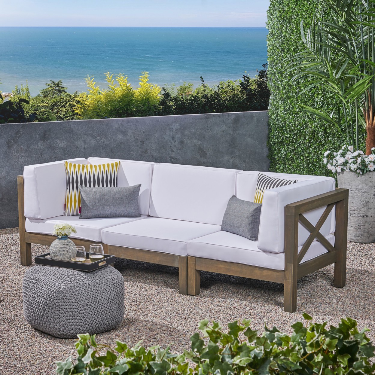 Great Deal Furniture Keith Outdoor Sectional Sofa Set 3-Seater Acacia Wood Water-Resistant Cushions - Dark Gray