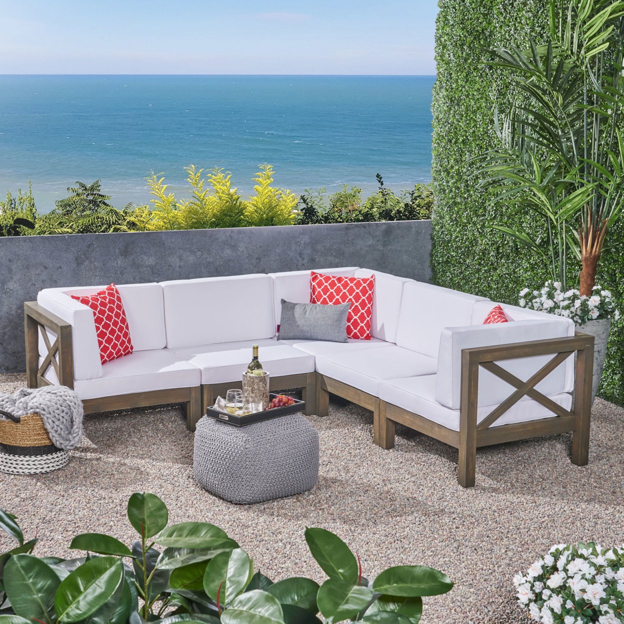 Great Deal Furniture Keith Outdoor Acacia Wood 5 Seater Sectional Sofa Set With Water-Resistant Cushions - White