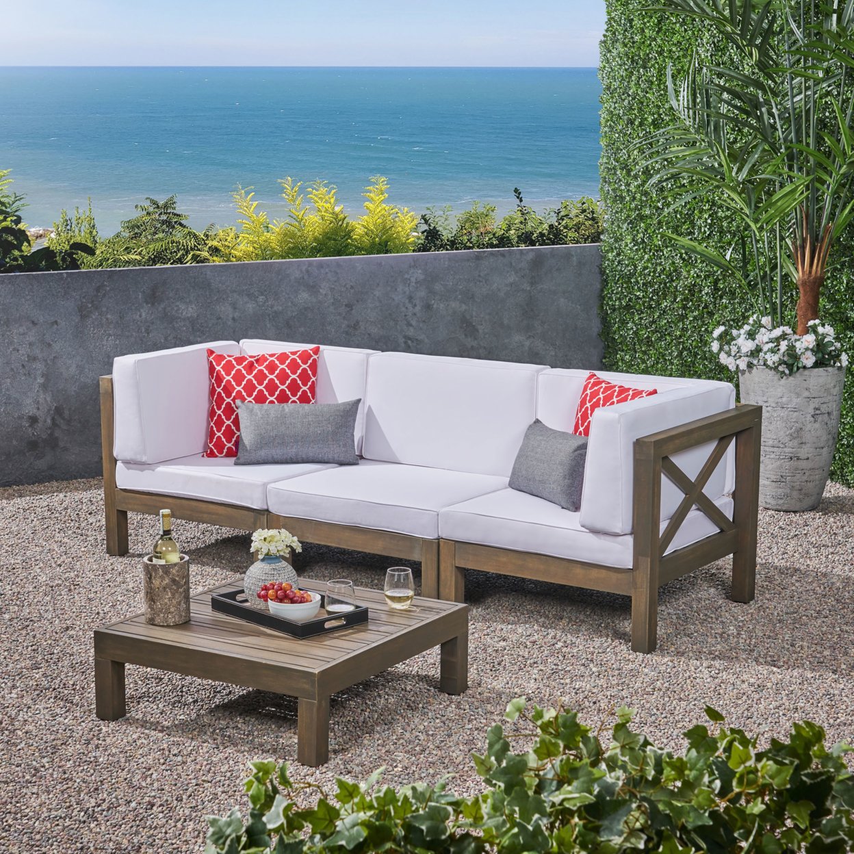 Great Deal Furniture Keith Outdoor Sectional Sofa Set With Coffee Table 3-Seater Acacia Wood Water-Resistant Cushions - Dark Gray