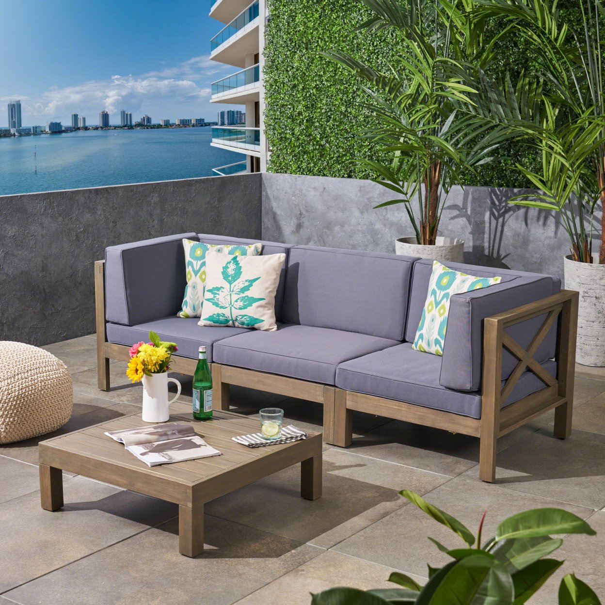 Great Deal Furniture Keith Outdoor Sectional Sofa Set With Coffee Table 3-Seater Acacia Wood Water-Resistant Cushions - White