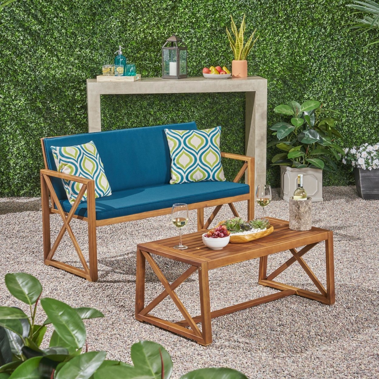 Hazel Outdoor Acacia Wood Loveseat With Coffee Table Set With Cushions - Brown Patina / Dark Teal