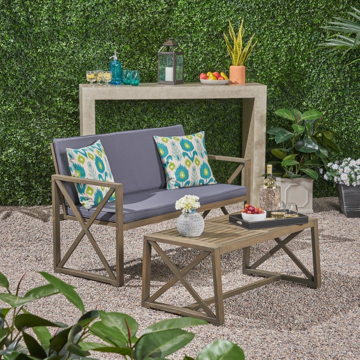 Hazel Outdoor Acacia Wood Loveseat With Coffee Table Set With Cushions - Gray / Dark Gray