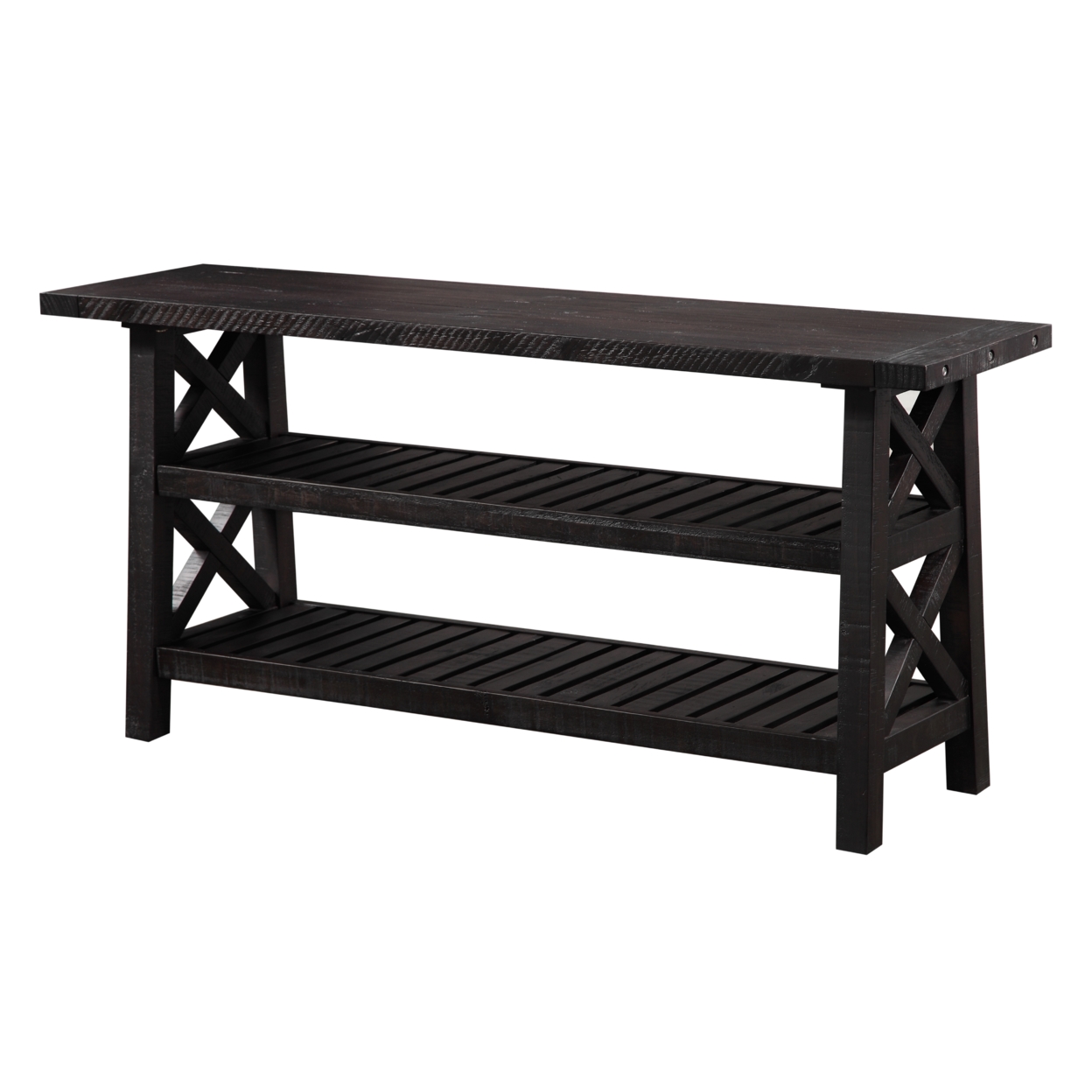 Slatted Two Tier Console Table With Cross Side Panels, Rustic Cafe Brown- Saltoro Sherpi