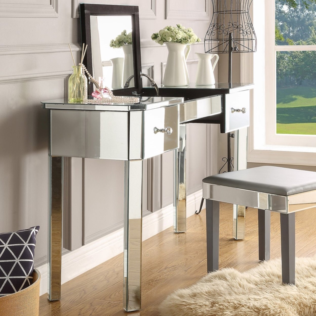 Cameron Mirrored Flip-Top Makeup Vanity Table-2 Or 4 Drawers-LED Option-Jewelry Holder-Bedroom - Led 4 Drawers