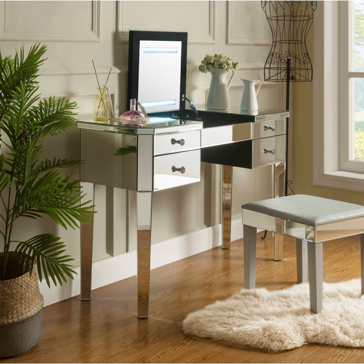 Cameron Mirrored Flip-Top Makeup Vanity Table-2 Or 4 Drawers-LED Option-Jewelry Holder-Bedroom - 2 Drawers