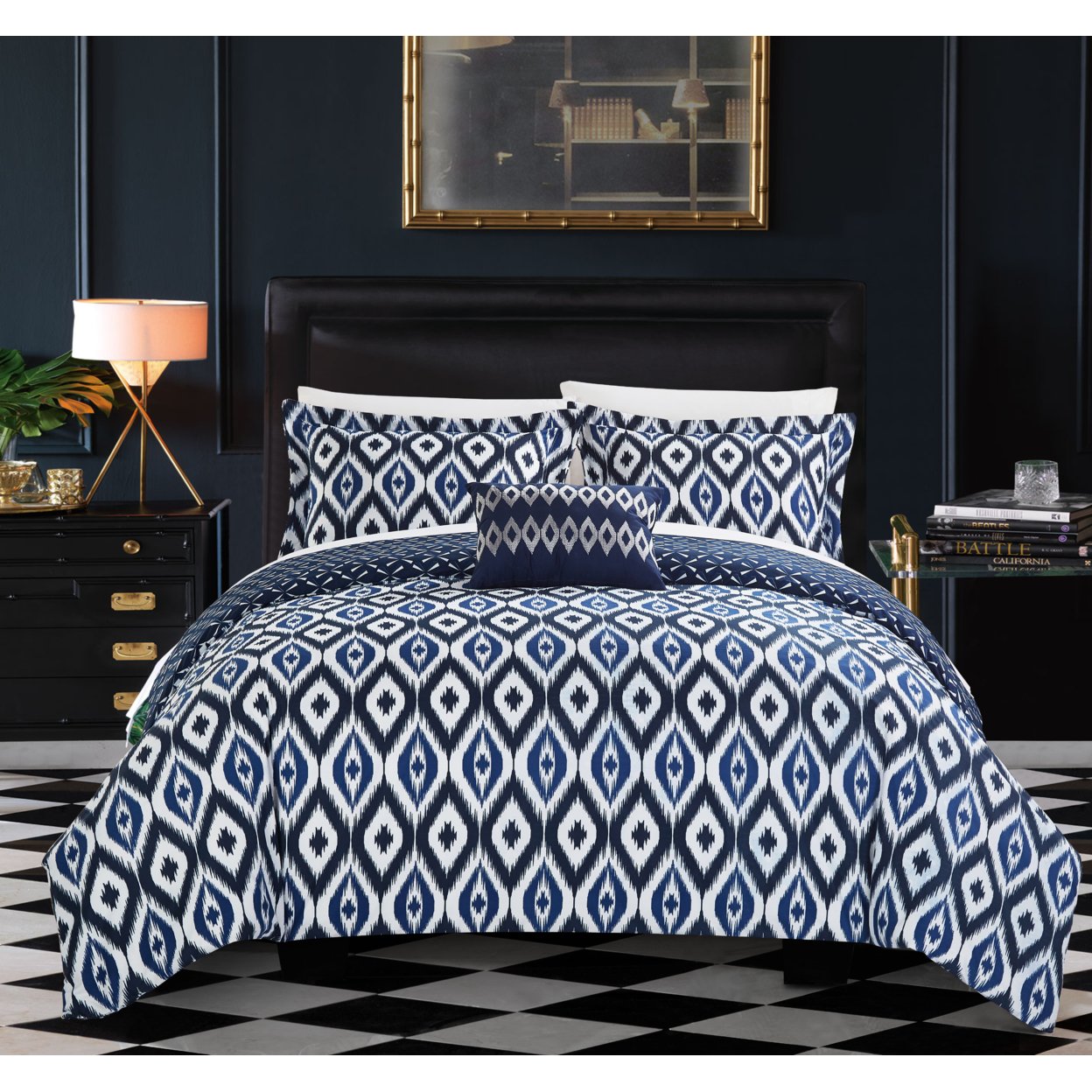 Amare 4 Or 3 Piece Reversible Duvet Cover Set Two Tone Ikat Diamond Print Geometric Pattern Zipper Closure Bedding - Navy, King