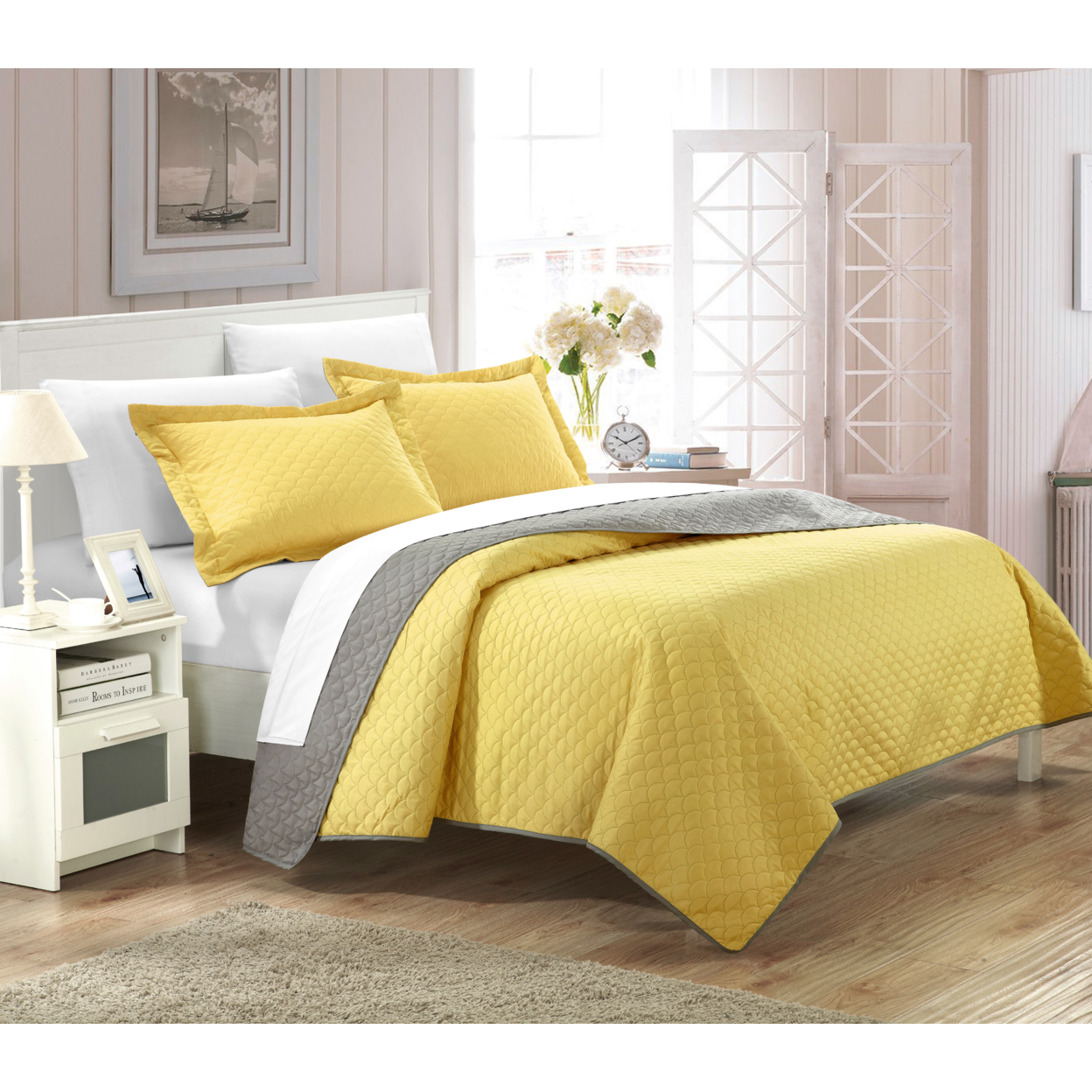 Lugano Reversible Color Block Modern Design Quilt With Shams Set - Yellow, King