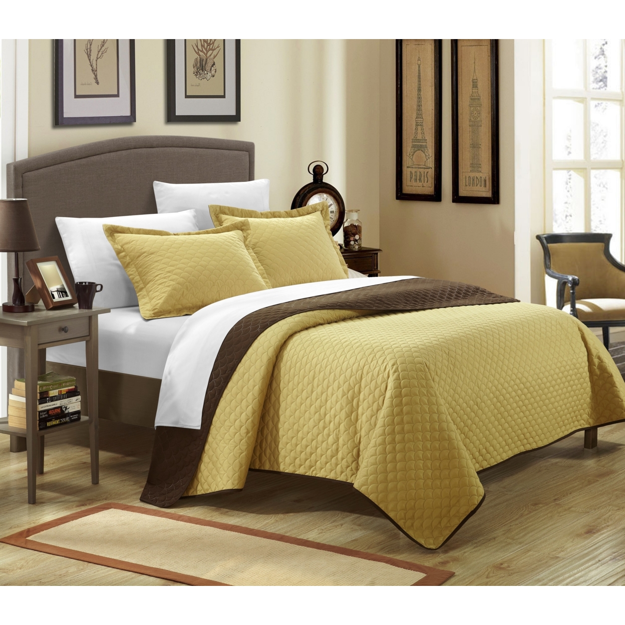 Lugano Reversible Color Block Modern Design Quilt With Shams Set - Gold, King