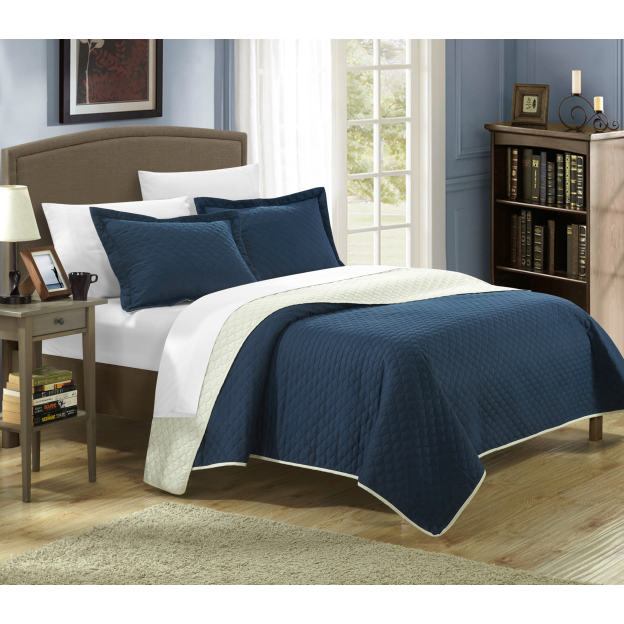 Lugano Reversible Color Block Modern Design Quilt With Shams Set - Navy, Twin