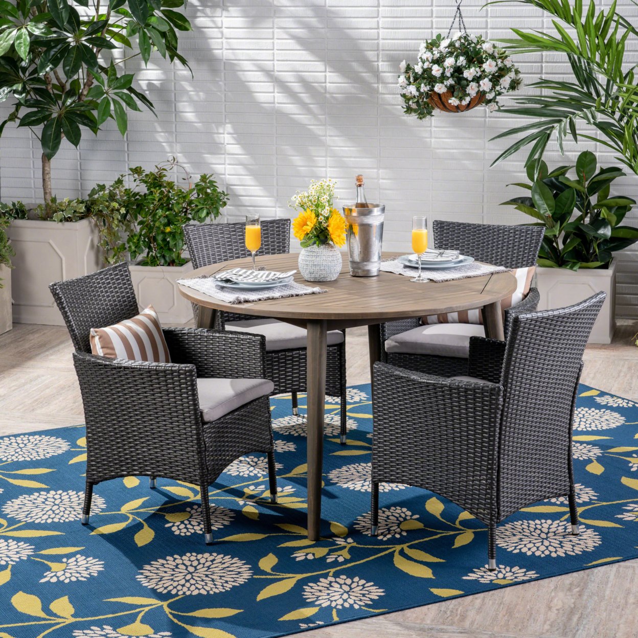 Hearn Outdoor 5 Piece Wood And Wicker Dining Set - Gray + Gray
