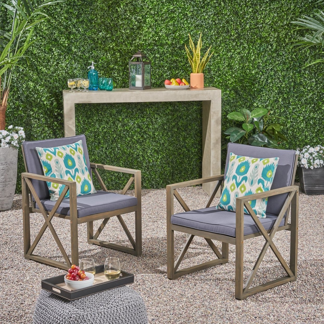 Hazel Outdoor Acacia Wood Club Chairs With Cushions - Gray / Dark Gray, Set Of 4