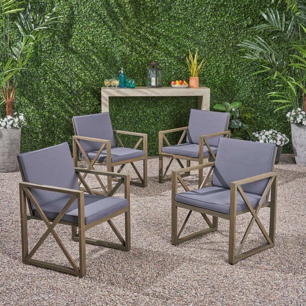 Hazel Outdoor Acacia Wood Club Chairs With Cushions - Gray / Dark Gray, Set Of 4